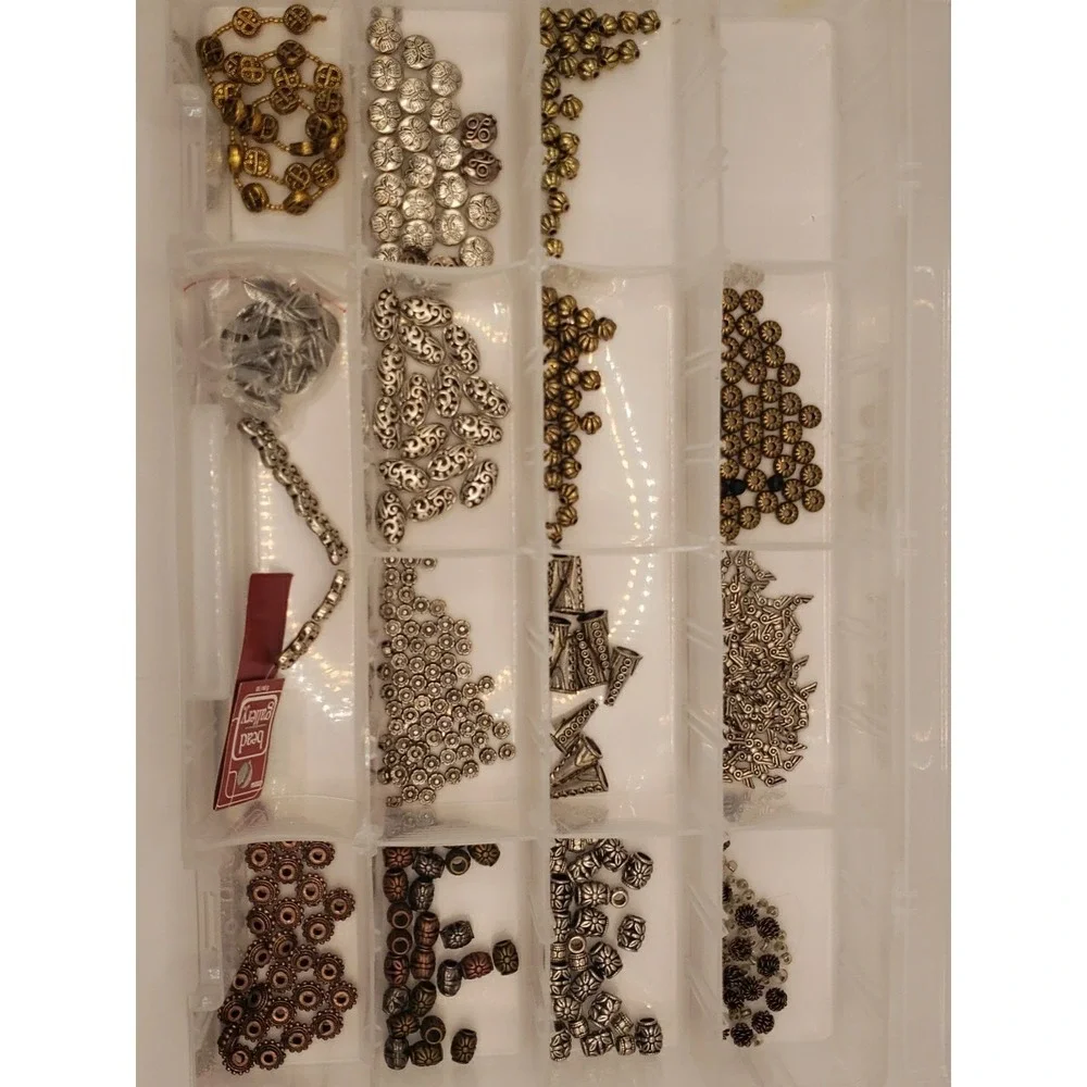 Assorted Jewelry Bead Lot Over 1lb Metallic Silver Gold Copper Spacers Findings